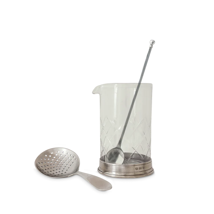 HANDMADE ITALIAN PEWTER COCKTAIL MIXING GLASS & STRAINER SET