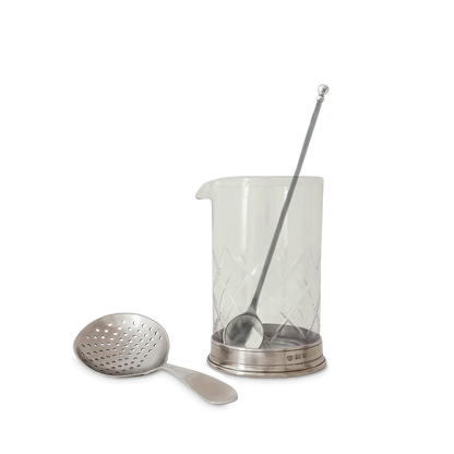 HANDMADE ITALIAN PEWTER COCKTAIL MIXING GLASS & STRAINER SET