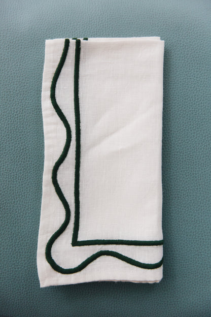 Colorblock Embroidered Linen Napkins – Dark Green (Set of 4)